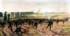 Schlacht vom 18.8.1870 unter Beteiligung des Lauenburgischen Jägerbataillon Nr.9 (Ratzeburg) mit August Gluth bei Gravelotte. Ölgemälde von Ernst Zimmer von 1910 im Kreismuseum in Ratzeburg.